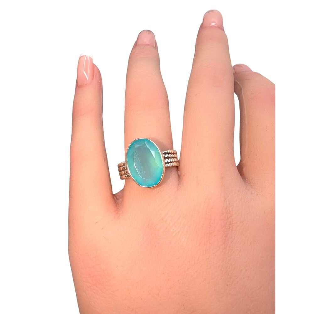 Aqua Chalcedony 925 Sterling Silver Four Twisted Strand Band Ring Size 7.75